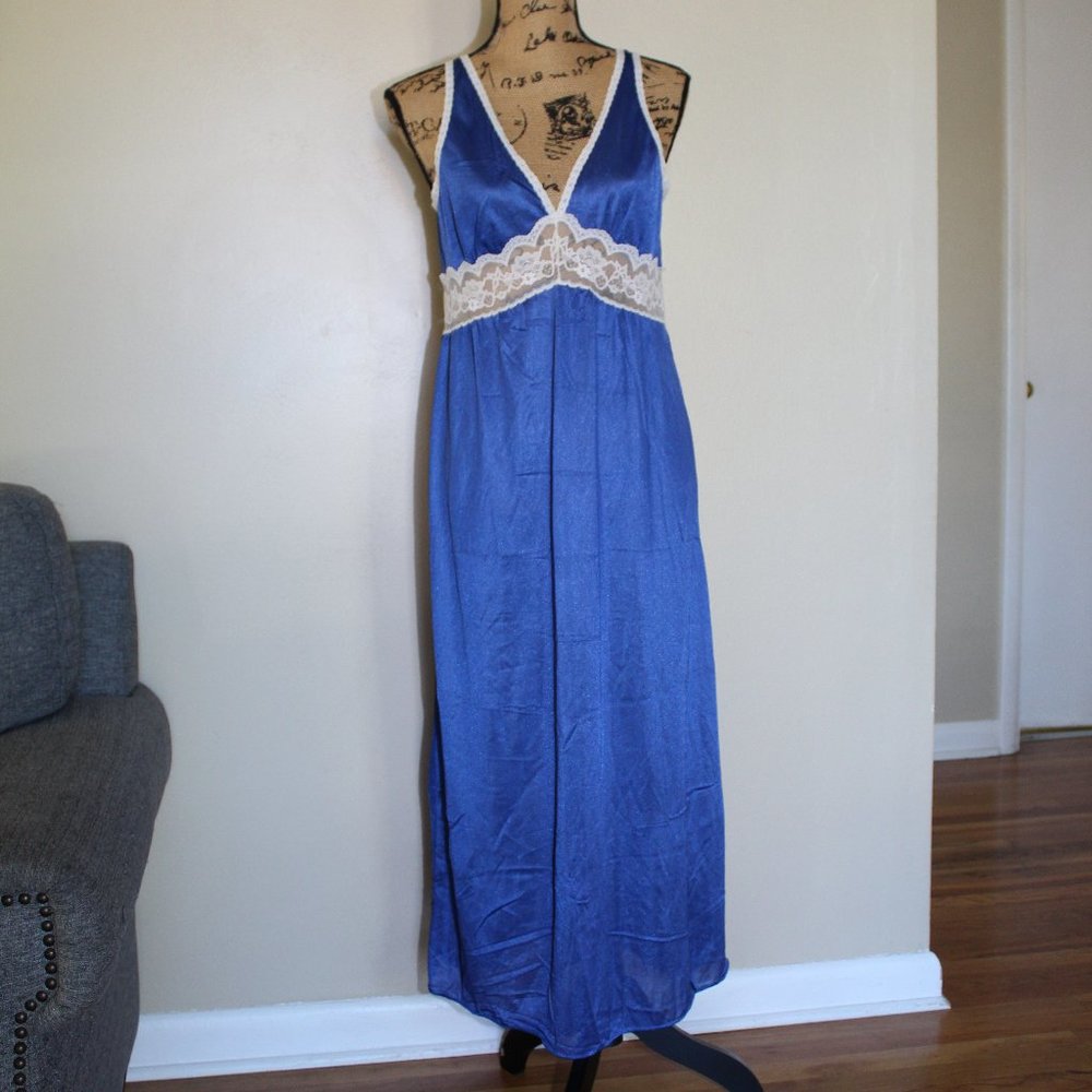 Vintage 60s Philmaid Blue Nylon Cream Lace Sleeveless Long Nightgown Women's L